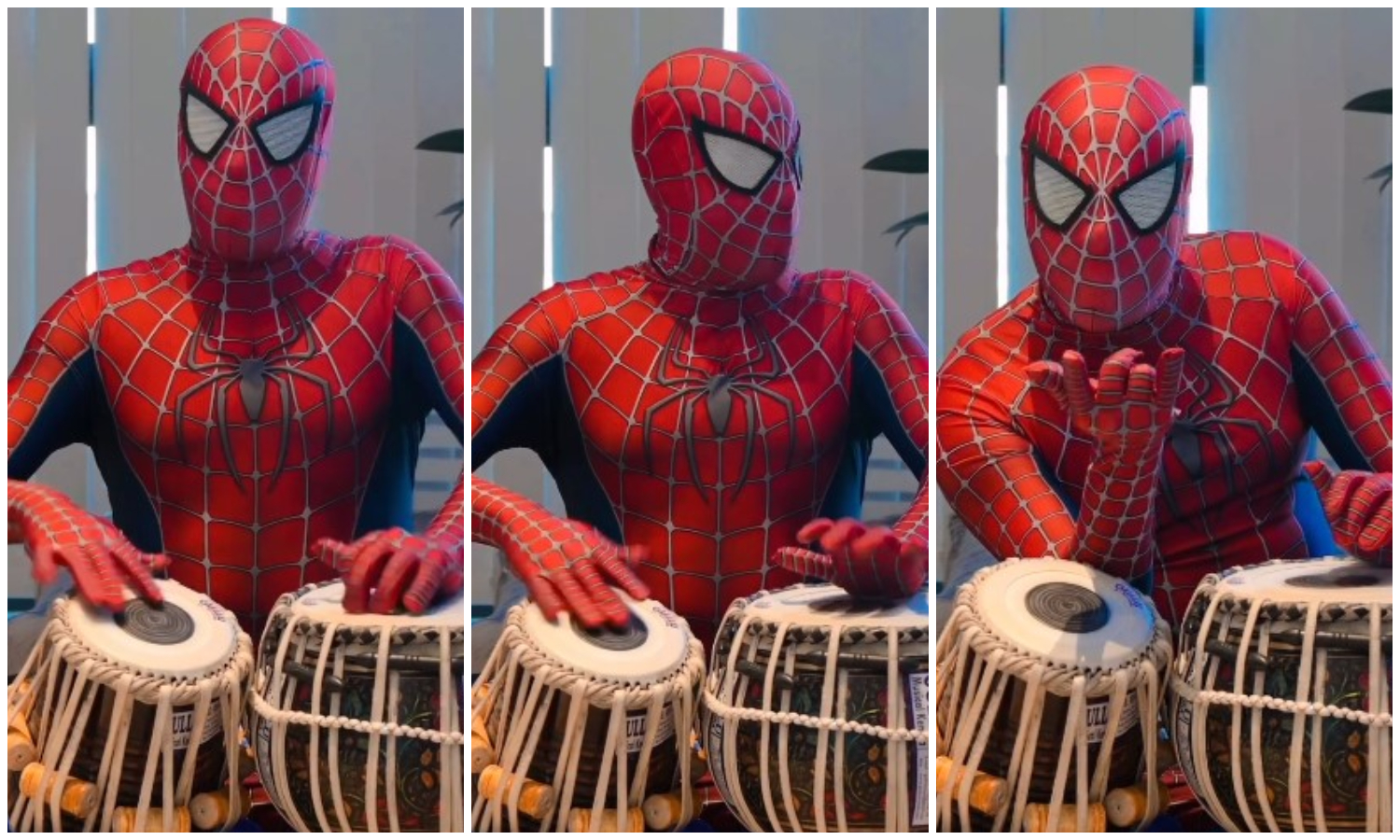 Playing Tabala In Spider Man costume